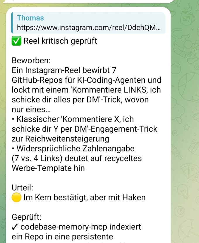 Telegram-Ausschnitt: Reel kritisch geprüft, mit Beworben-Einordnung und Urteil &bdquo;im Kern bestätigt, aber mit Haken&ldquo;