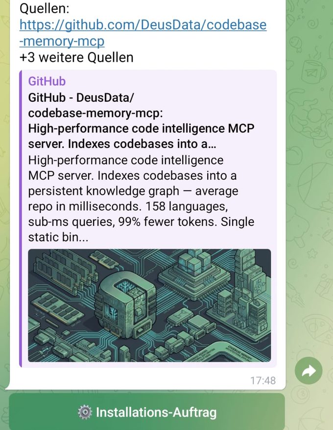 Telegram-Ausschnitt: Quellen-Liste mit GitHub-Karte und Aktionsbutton Installations-Auftrag